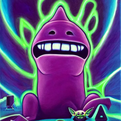 Image similar to a painting of an energetic Gengar relaxing by flooko, alex grey, glows,