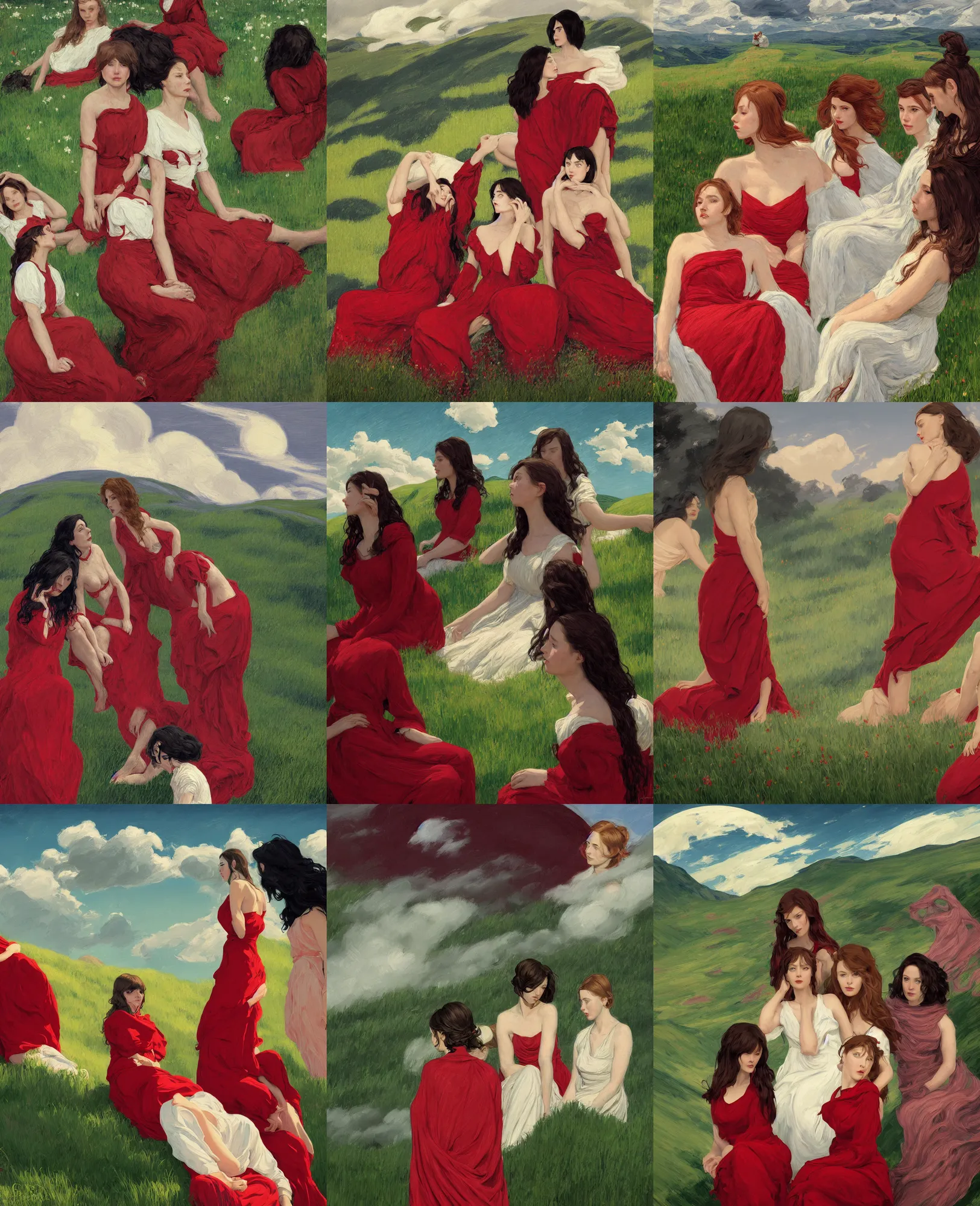 Prompt: three sitting girl in red and white maxi dresses between clouds above green fields in moon light, close up portrait, elegant, league of legends and warframe, intricate, digital painting, artstation, concept art, dark night, smooth, sharp focus, illustration, art by ed mell and Daniel F. Gerhartz and Jacek Malczewski and gustav klimt, Tibor Nagy