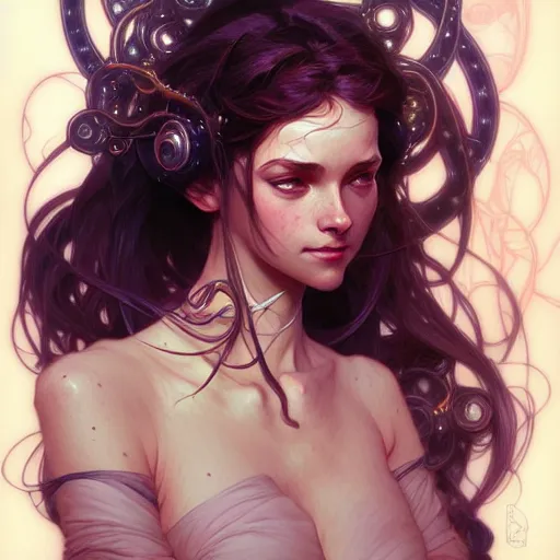 Image similar to Portrait of a girl surrounded by nodes, face, fantasy, intricate, elegant, highly detailed, digital painting, artstation, concept art, smooth, sharp focus, illustration, art by Jesper Ejsing and Fernanda Suarez and Artem Demura and alphonse mucha