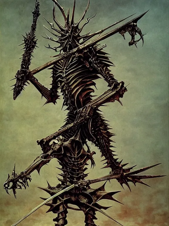 Image similar to A spiky horned skeleton with armored joints stands with a huge two-handed weapon. Extremely high detail, realistic, fantasy art, solo, bones, masterpiece, saturated colors, tangled, ripped flesh, art by Zdzisław Beksiński, Arthur Rackham, Dariusz Zawadzki