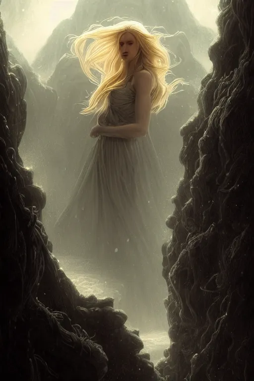 Image similar to A beautiful Norse Goddess with long flowing blonde hair on a ledge od deep abyss fantasy, intricate, elegant, highly detailed, D&D, digital painting, artstation, concept art, matte painting, sharp focus, illustration, extremely moody lighting, glowing light and shadow, atmospheric, shadowy, cinematic, in the style of Greg Rutkowski and artemisia gentileschi and Alphonse Mucha