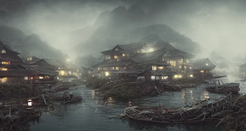 Image similar to An old Japanese fishing village at night, evil, demonic, enchanting, misty, haze, cloudy, angelic, flowers, nature, environment concept, cinematic, cgsociety, dim and dark lighting, cinematic, intricate details, 8k detail post processing, hyperealistic, photo realism, by Stephen King