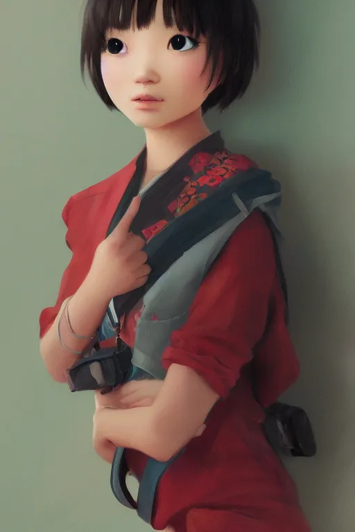 Prompt: a painting of cute Asian girl, short hair, in the style of Pixar animation, low angle view, 16mm lens, award winning, hyper detailed, dramatic lighting, artstation, octane renderer, unreal engine