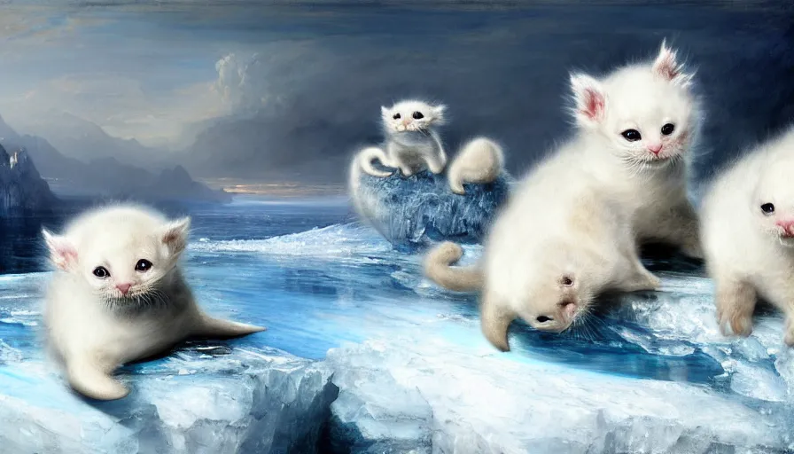 Prompt: highly detailed painting of white cute baby seal furry dragon kitten pandas on a blue and white iceberg by william turner, by greg rutkowski, by william constable, thick brush strokes and visible paint layers, 4 k resolution