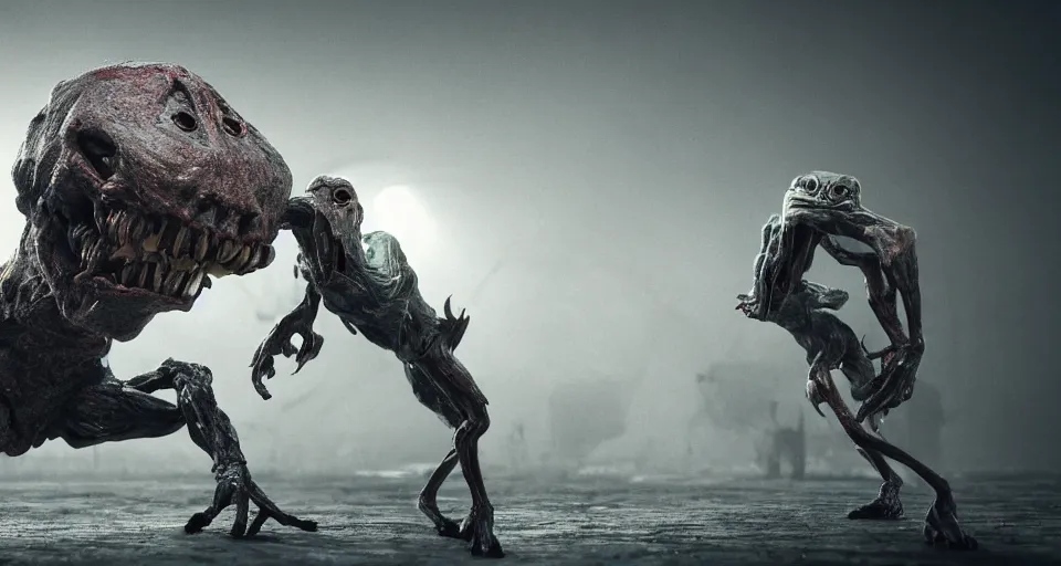 Image similar to a grotesque, disfigured alien creature lunging itself at a helpless man, outside, overcast day, horror movie, unreal engine, octane render