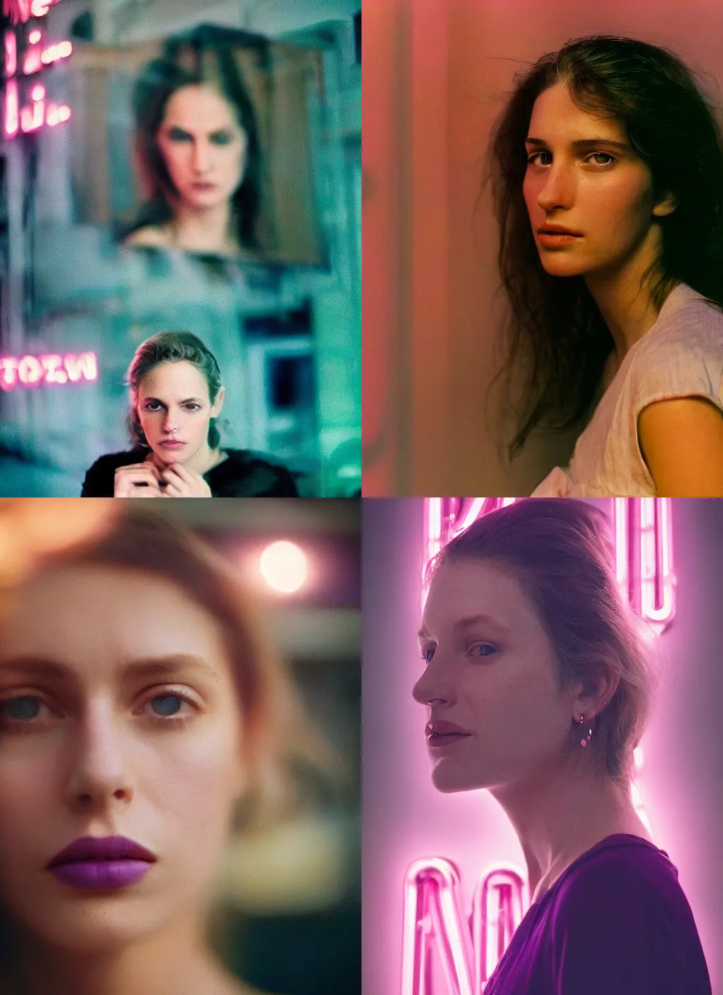 Prompt: A hyper realistic and detailed head portrait photography of a woman by annie leibovitz. In the background there is a purple neon sign that spells GIRLS. Neo noir style. High quality. Cinematic. Swirly bokeh. Cinestill 800T film. Depth of field. Lens flare.