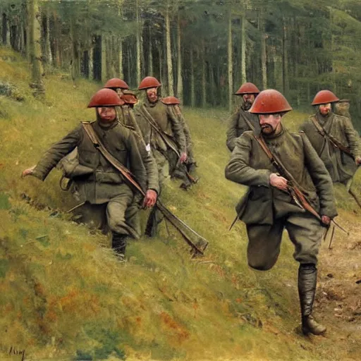 Prompt: ww 1 german soldiers advancing through european forest brush, long grey capes with red accents, 1 9 0 5, oil on canvas, william james aylward, harvey dunn, john singer sargent