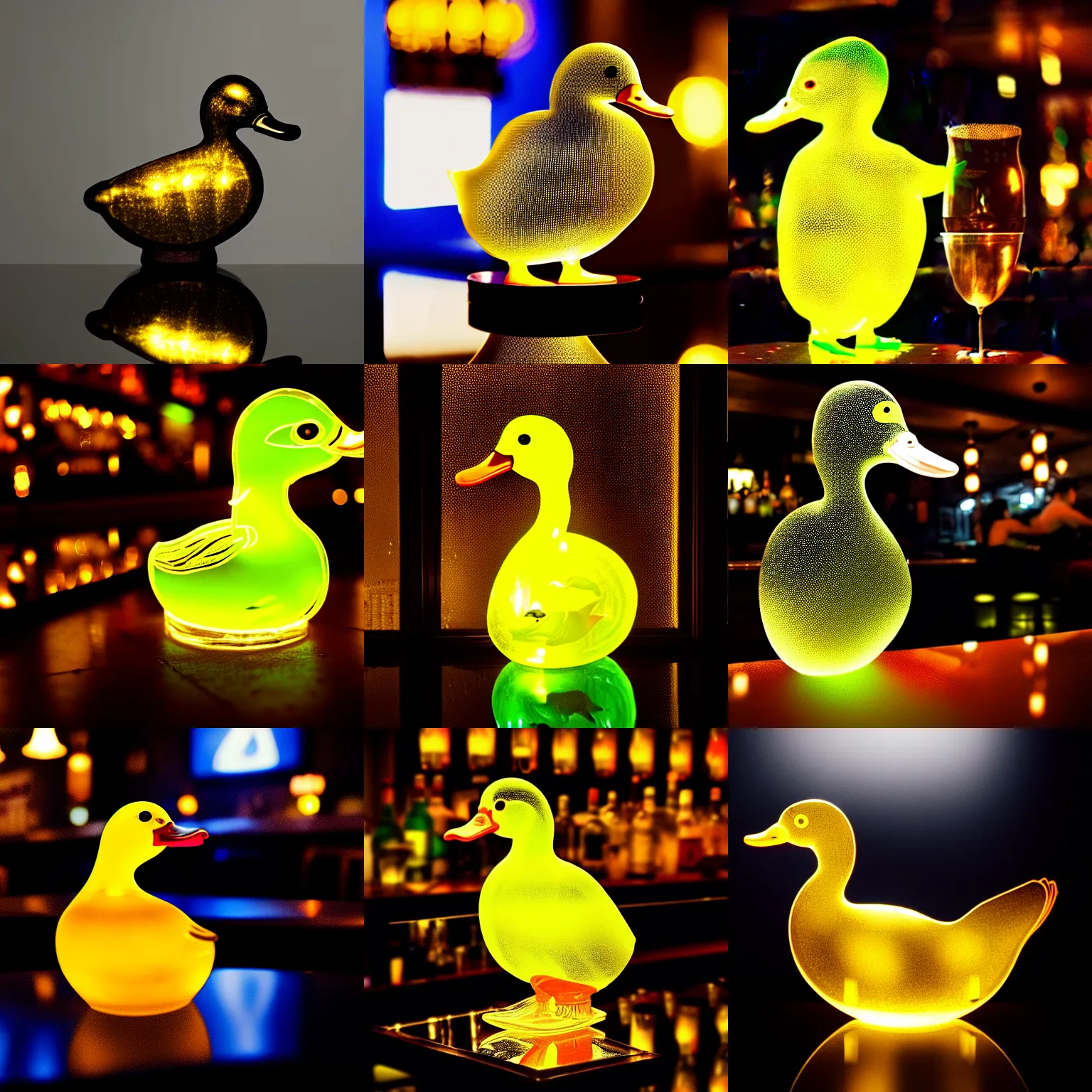 Prompt: a photo of a [ transparent duck made of glass ] in a busy bar [ the duck is unlit ], intricate, epic lighting, cinematic composition, hyper realistic, artstation