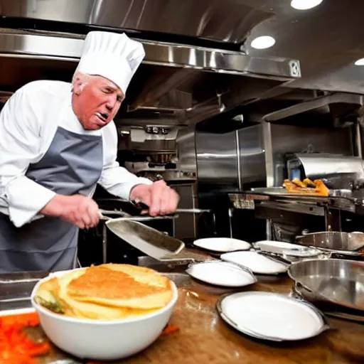 Image similar to high quality photo of Donald Trump working as a cook at a diner. He he is cooking on a griddle. He is yelling and making a mess. Food is going everywhere. Dimly lit