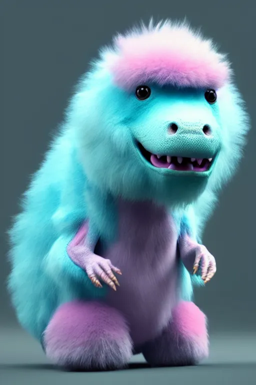 Image similar to high quality 3 d render hyperrealist very cute multipastel fluffy dinosaur with fluffy wings, vray, smooth in _ the background, artstation