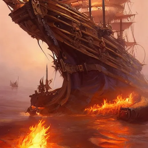 Image similar to pirate ship on fire d & d fantasy intricate elegant highly detailed digital painting artstation concept art matte sharp focus illustration hearthstone art by artgerm art by greg rutkowski art by alphonse mucha