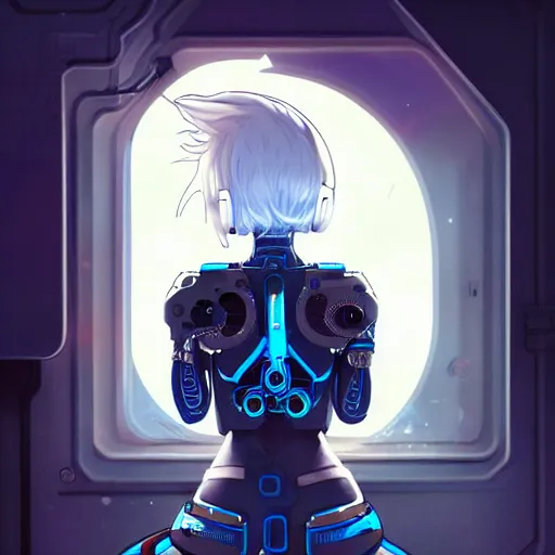 Image similar to cyborg - girl with silver hair, wearing headphones, and sitting on a window sill, highly detailed, painting, dark blue and black color palette, intricate, high quality anime artstyle, in the style of ross tran