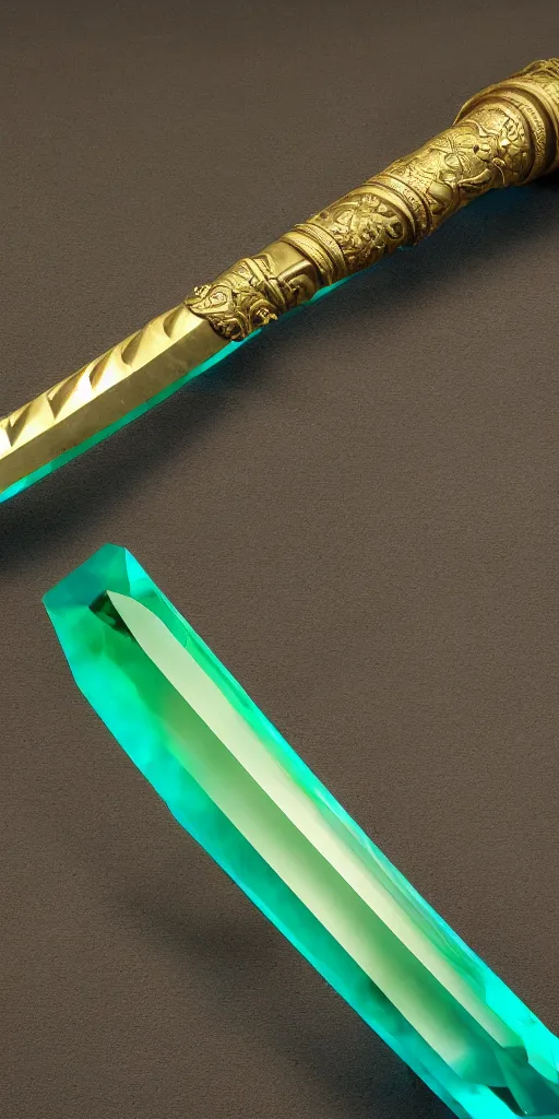 Image similar to photograph of a wide green and teal crystal sword blade attached to a big gold sword hilt