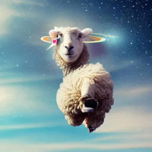 Prompt: a sheep flying through space and time