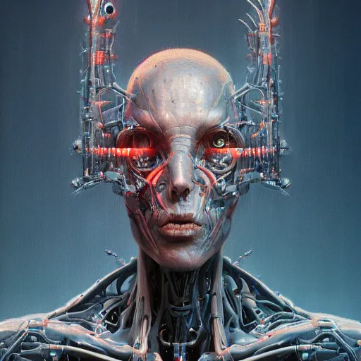 Image similar to portrait art illustration of an ultradetailed biomechanic evil neuronal cyborg, by greg rutkowski and Zdzisław Beksiński., photorealistic, 8k, intricate, futuristic, dramatic light, trending on cg society