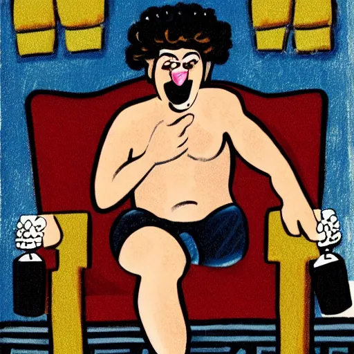 Image similar to illustration of the greek god eros who is a clown, has hurt his knee, sitting in a chair and is watching the game on tv, beer in hand