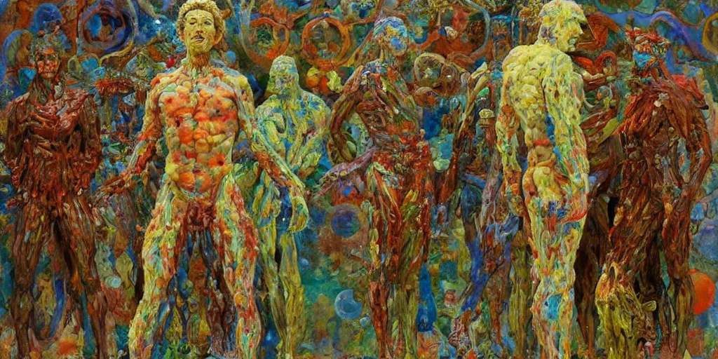 Image similar to a full body sculpture made of bacteria and virus and molecules and atoms, painting part by wojciech siudmak, part by ilya repin, part by max ernst, part by norman rockwell, artstation