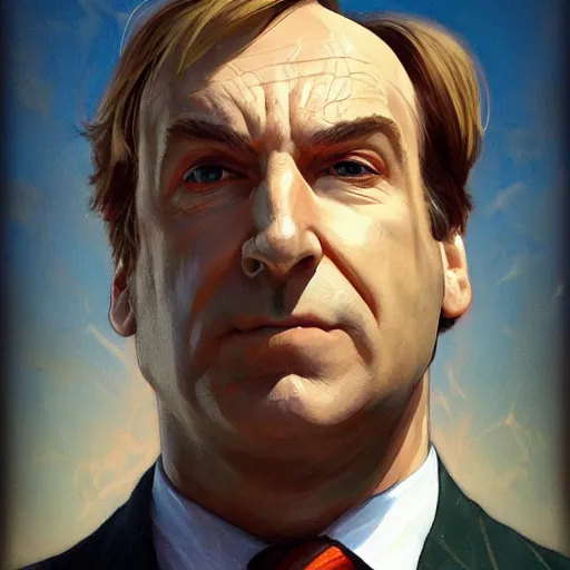 Image similar to saul goodman, fantasy character portrait, dynamic pose, above view, sunny day, very coherent asymmetrical artwork, sharp edges, perfect face, simple form, 100mm by Stanley Artgerm Lau, greg rutkowski, thomas kindkade, alphonse mucha, loish