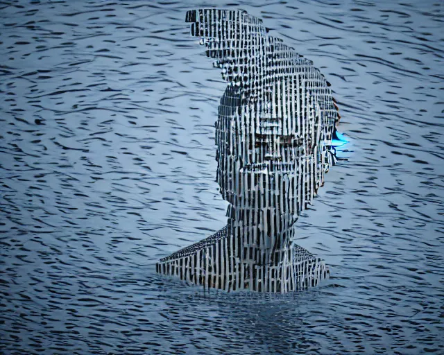 Image similar to a giant abstract sculpture of a legendary greek warrior god on the water, in the style of jaume plensa, award winning, cinematic, hyper - realistic, very detailed, realistic water splashes, ray tracing, 8 k resolution, long - shot, sharp focus, low angle, 8 5 mm photograph, wide lens