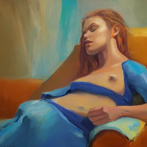 Prompt: a young woman resting, expressionist, high quality, 4k, oil on canvas by Elias Tykeson, masterpiece, award-winning
