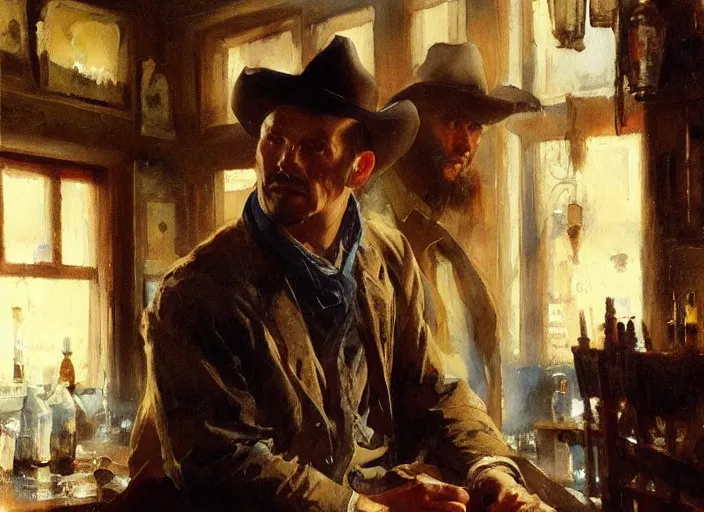 Image similar to oil watercolor painting of young rugged man in western bar, shaven stubble, short hair, mysterious light, art by anders zorn, wonderful masterpiece by greg rutkowski, beautiful cinematic light, american romanticism by greg manchess, creation by tyler edlin