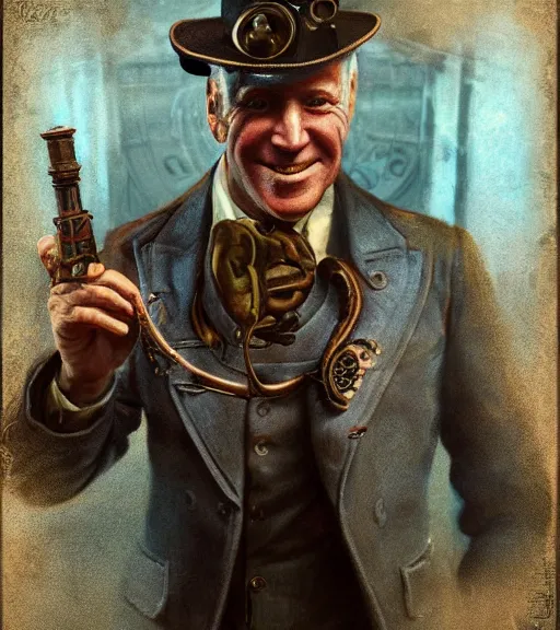 Image similar to portrait of steampunk joe biden cosplaying, by wlop, by simon stalengrad, by ilya repin, bioshock screenshot, photorealistic fan art, detailed shading, intricate abstract