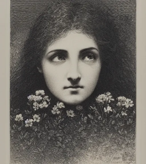 Prompt: black and white, extreme close-up, dark light, woman face in flowers, Gustave Dore lithography