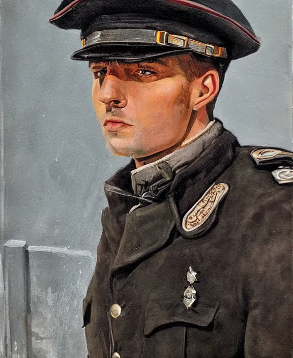 Prompt: portrait of a handsome young german policeman in berlin, art by denys tsiperko and manuel sanjulian and bogdan rezunenko, hyperrealism