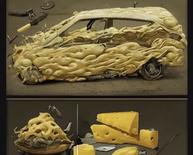 Prompt: a car made of cheese, many holes, concept art by joao ruas, highly detailed, hyperrealistic