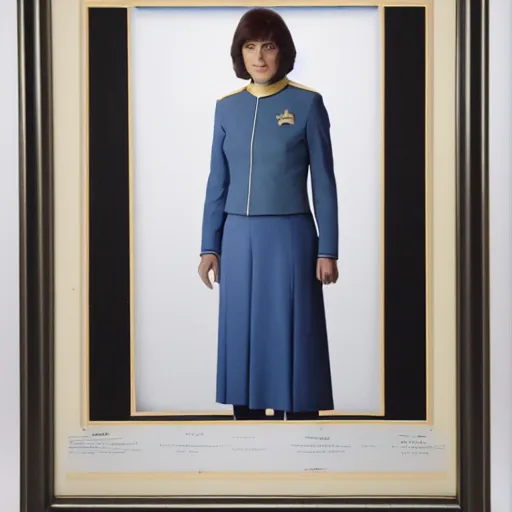 Prompt: a full body photograph of 1 9 7 0 s sarah jane smith from doctor who as a star fleet science officer from star trek next generation, full dress uniform, symmetrical face, extreme realism and detail, 8 k, completely framed, direct lighting, 3 5 mm photo, photorealistic, sharp focus