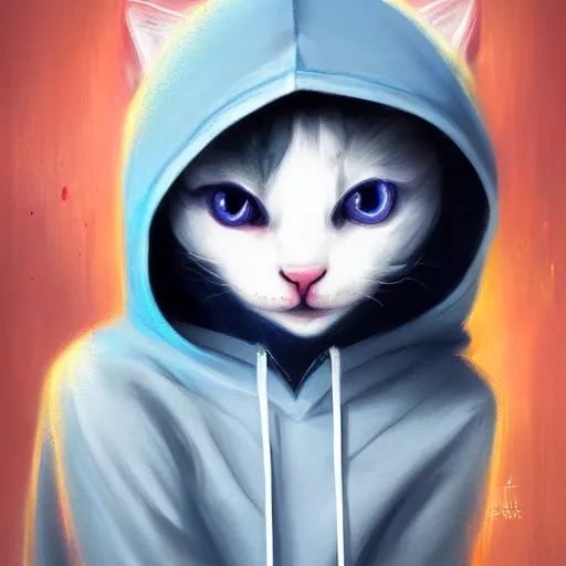 Image similar to colorful and Festive Captivating mage white kitten, with a blue hoodie, serious looking, atmospheric lighting, painted, intricate, highly detailed by Charlie Bowater