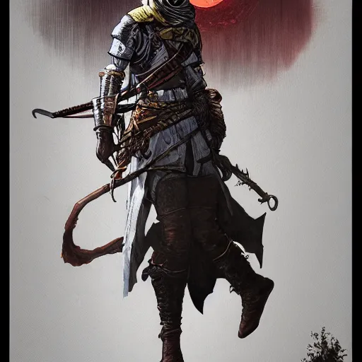 Prompt: an ultra detailed vector image of solaire of astora dressed as the hunter from bloodborne, concept art by alphonse mucha and greg rutkowski, scary shadows, blood moon eclipse, octane render, liminal space