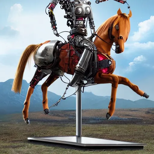 Image similar to A realistic picture of pippi longstocking in the 70’s as a cyborg robot sitting on a metal robot horse, hyper real, highly detailed