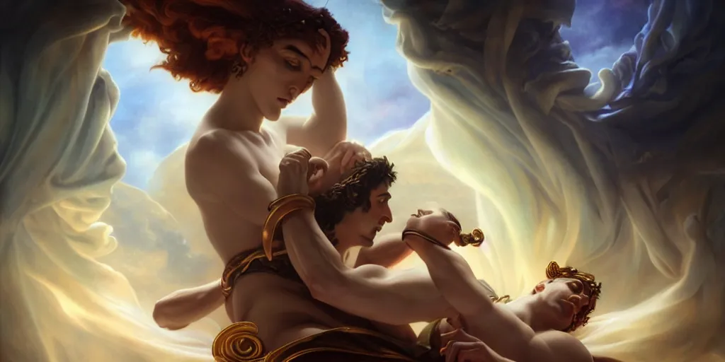 Image similar to Adonis playing the kithara for Aphrodite, by Rolf Armstrong and Evelyn De Morgan and Bastien Lecouffe-Deharme, dramatic lighting, high contrast colors, baroque, empyrean, panoramic view, as trending on Artstation, highly detailed, doom engine,