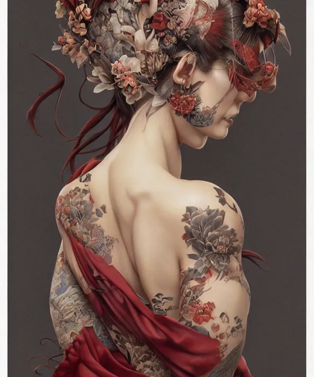 Image similar to ultra realistic illustration, beautiful woman dressed in a crimson kimono, backview, tattoos, in the style of peter mohrbacher by weta digital and beth cavener, high face symmetry, intricate, masterpiece, award winning, high face symmetry, intricate