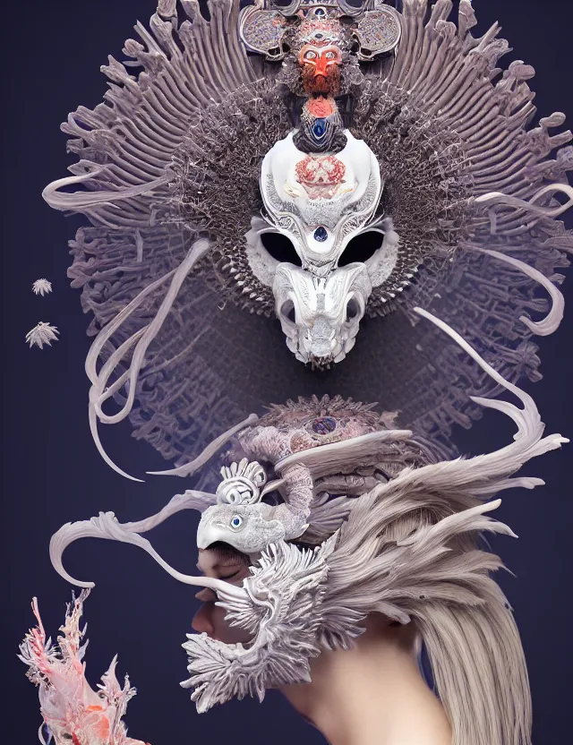 Image similar to 3 d goddess close - up profile portrait with crown, ram skull. beautiful intricately detailed japanese crow kitsune mask and clasical japanese kimono. betta fish, jellyfish phoenix, bio luminescent, plasma, ice, water, wind, creature, artwork by tooth wu and wlop and beeple and greg rutkowski