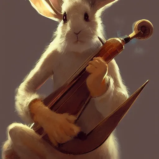 Image similar to An anthropomorphic rabbit plays the lute, highly detailed, artstation, greg rutkowski