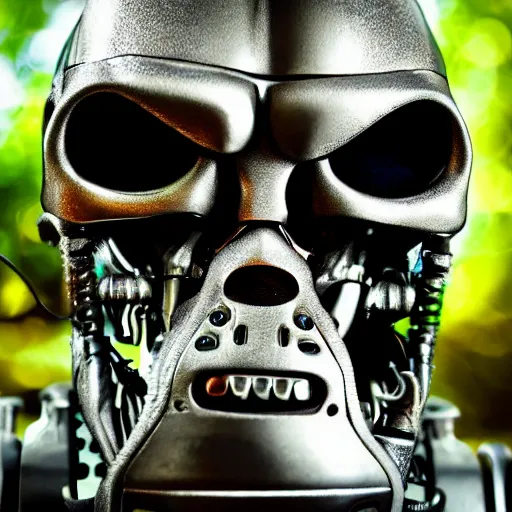 Image similar to super detailed portrait of a terminator's head, packed with cybernetics and and borg enhancements. In a forest with bokeh.
