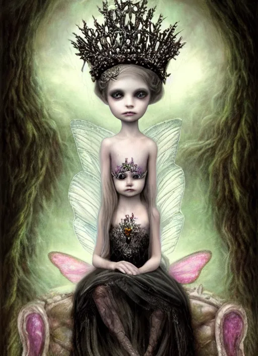 Prompt: highly detailed closeup portrait of a goth fairy princess wearing a crown and sitting on a throne, nicoletta ceccoli, mark ryden, lostfish, earl nore, global illumination, god rays, detailed and intricate environment