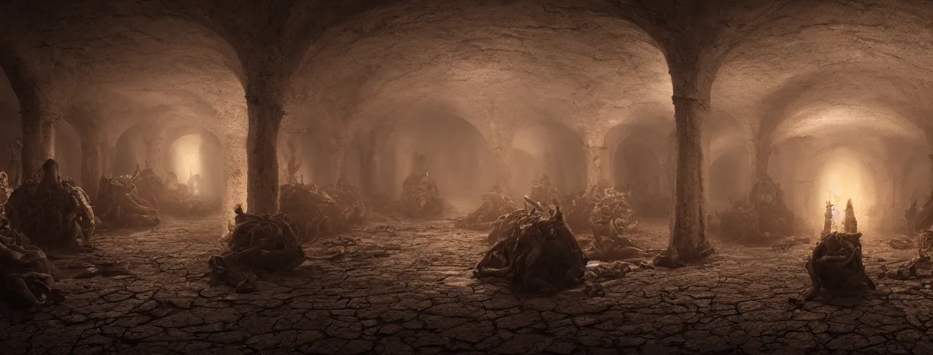 Image similar to dark fantasy catacombs, inside the infernal hall, undead demon guard figures, ethereal, ominous, dramatic cinematic lighting, volumetric 8 k, cryengine, by h. r. giger and zdizslaw beksinski, elden ring