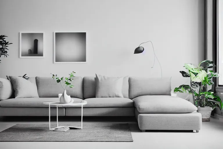 Image similar to minimalist contemporary modern design living room, cozy, calm, plants, big canvas art, hardwoord floor, white walls, highly detailed wide angle photograph, ikea style, light bloom, fabric and textiles