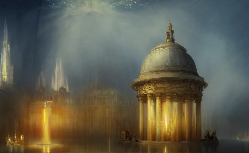 Prompt: a neoclassical tower with dome on a fantasy city, next to a fountain and a mystical palace. by artstation trending, by joseph mallord william turner, luis royo, konstantin razumov, cinematic lighting, fractal flame, highly detailed