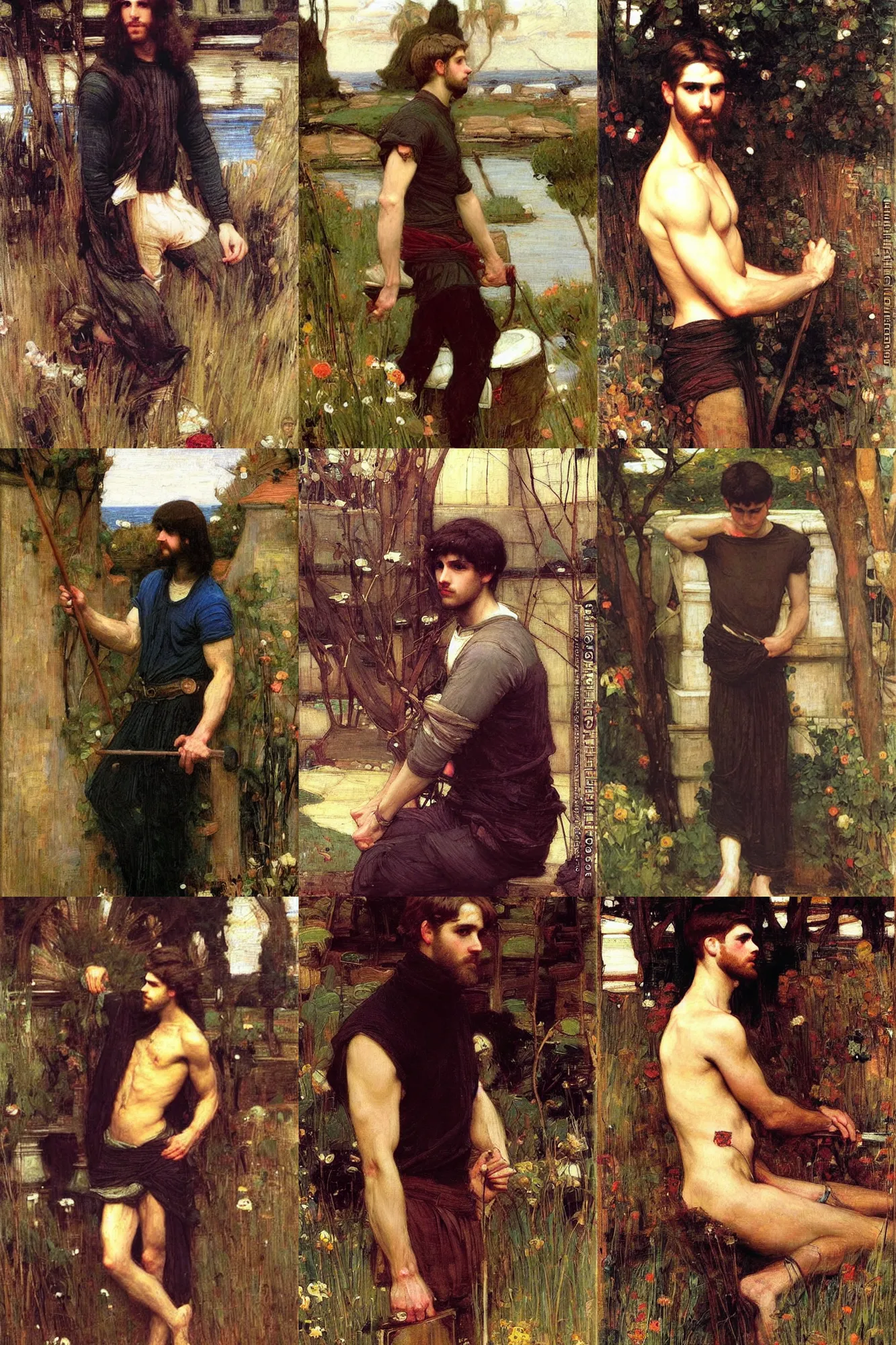 Prompt: attractive male, painting by john william waterhouse