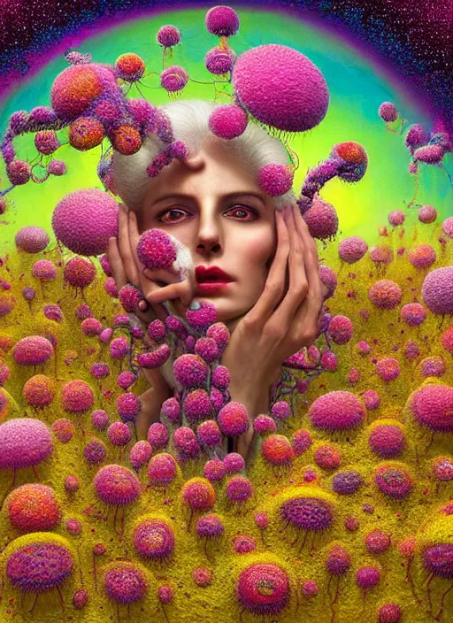 Image similar to hyper detailed 3d render like a Oil painting - Ramana Flowers with white hair in mascara seen Eating of the Strangling network of colorful yellowcake and aerochrome and milky Fruit and Her delicate Hands hold of gossamer polyp blossoms bring iridescent fungal flowers whose spores black the foolish stars by Jacek Yerka, Mariusz Lewandowski, Houdini algorithmic generative render, Abstract brush strokes, Masterpiece, Edward Hopper and James Gilleard, Zdzislaw Beksinski, Mark Ryden, Wolfgang Lettl, Dan Hiller, hints of Yayoi Kasuma, octane render, 8k