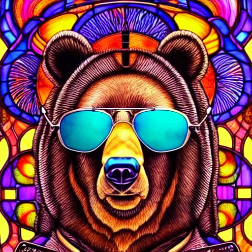 Prompt: ( bear wearing sunglasses ) ( ( ( hyper detailed masterpiece, psychedelic fractal pattern, jean giraud, digital art painting, dream wave aesthetic, ethereal, artgerm, donato giancola, tom bagshaw ) ) ) ( ( ( ( stained glass, ink painting ) ) ) )