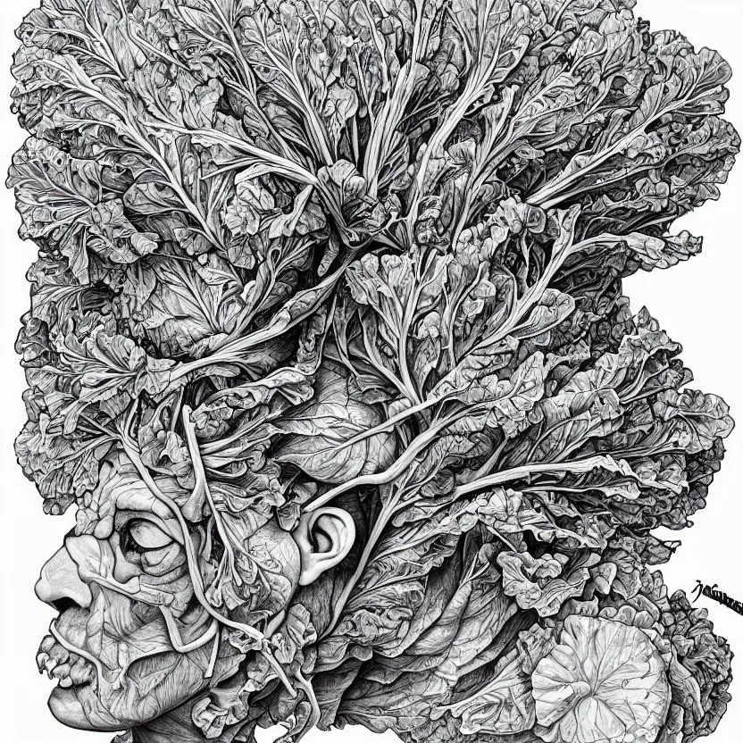 Image similar to the anatomy of a head of lettuce, jojo's bizarre adventure, an ultrafine detailed painting by james jean, intricate linework, studio ghibli, behance contest winner, vanitas, angular, altermodern