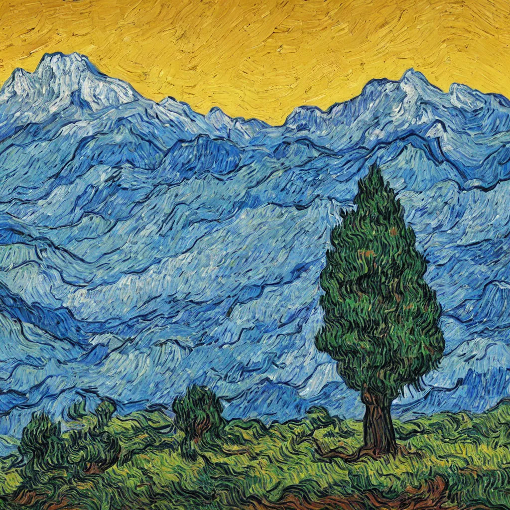 Prompt: painting of a tree and mountains in the evening painted in the style of Jackson Pollack, with lots of scumbling, scumbled thick oil paint, oily high relief, shiny and painted in a style of painting similar to Van Gogh but more impasto and less hatching