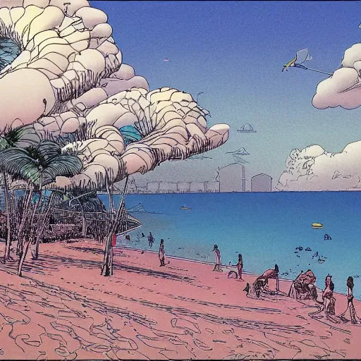 Image similar to a singaporean beach, by moebius