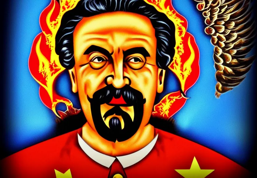 Image similar to mavrodi, stalin killing, stalin eat fresh meat, icon with a halo of fire, scary detailed art in color, 4 k