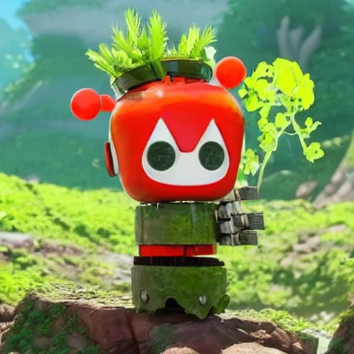 Prompt: cute robot made of plants with tomato hat and a carrot sword, made in abyss style